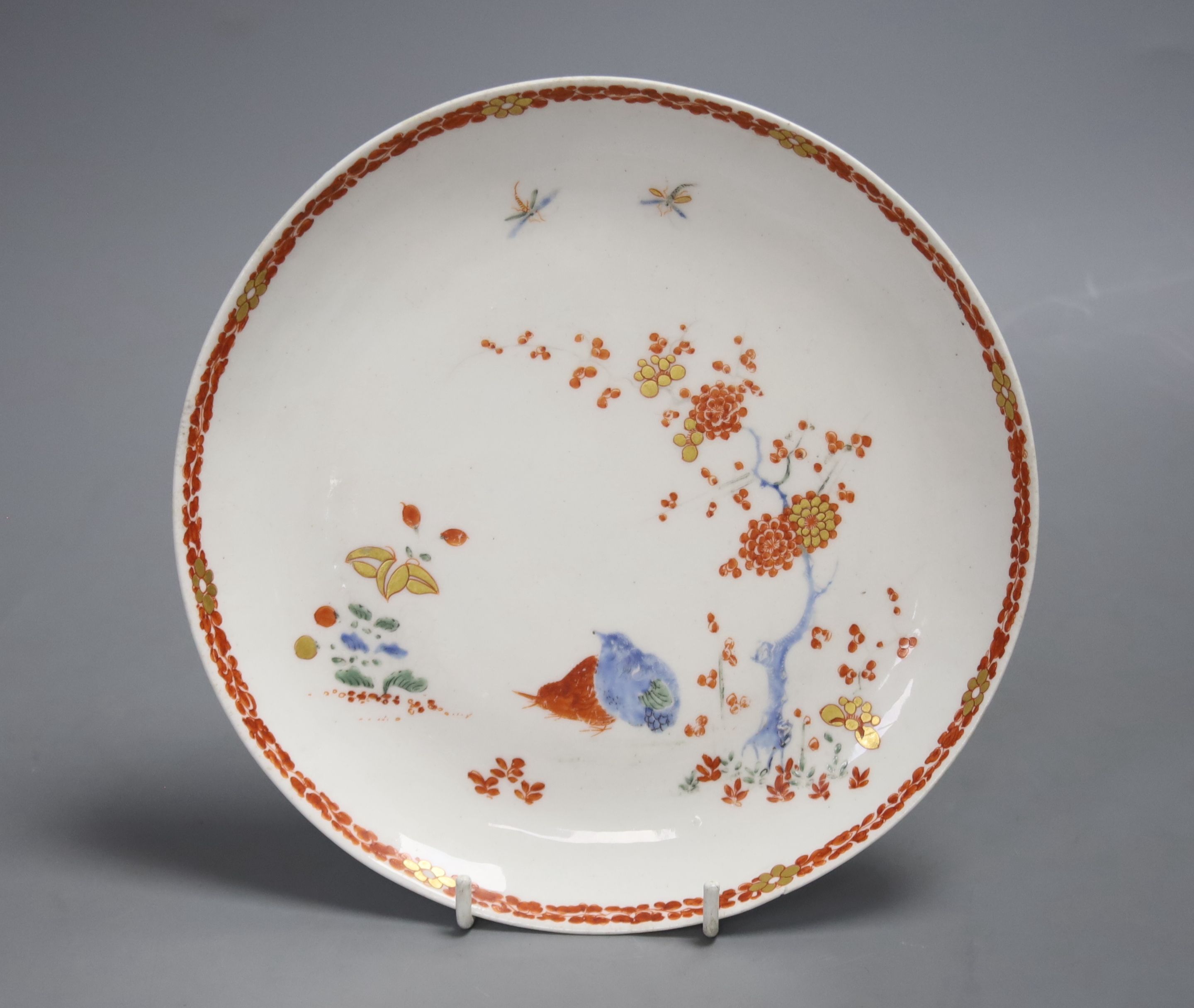 A Bow saucer shaped dish, painted with two quail pattern, c.1758, diameter 20cm